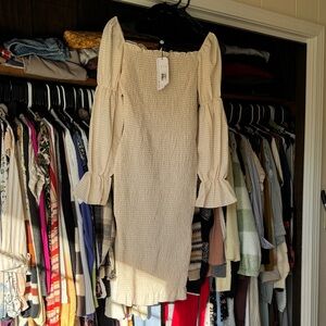 Cream Smocked Midi Dress with Ruffle Sleeve Detail